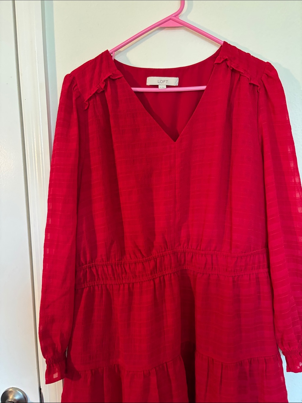 LOFT Red V-Neck Long-Sleeve Tiered Dress